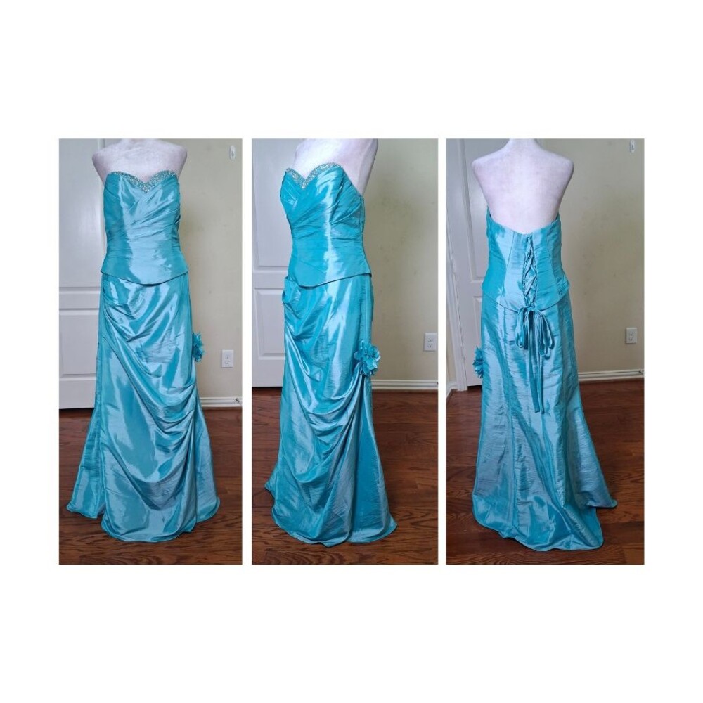 Camille La Vie Straples Gown Blue 12 Beaded Lace Up Corset Homecoming Prom Dress